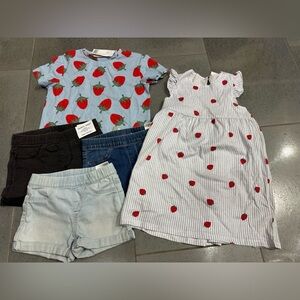 H&M 3t New Strawberries Girl Bundle Shirt Dress Shorts 5 Pieces Cute Stripes Red